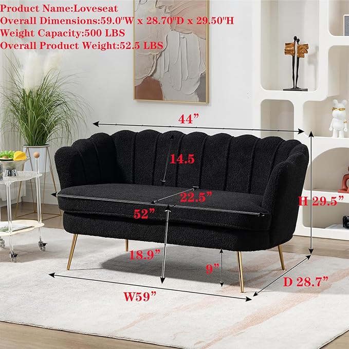 Black Modern Boucle Loveseat CouchFuton Small Sofa with Gold Metal Legs 2-Seater Upholstered Mini Sofa Couches for Small SpaceLiving Room Bedroom Office Dorm Studio Apartment Couche(Black)