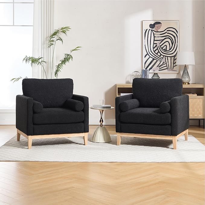 Mlmh &amp Kngwa 35.43 W Modern Accent Chair Set of 2 Upholstered Accent Chairs Single Sofa Chair with Natural Wood Legs Comfy Wingback Armchair for Living Room Bedroom Black