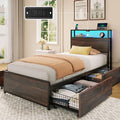 Rolanstar Twin Bed Frame with 4 Storage Drawers &amp 2-Tier Storage Headboard Metal Platform Bed Frame with Charging Station &amp LED Lights Noise-Free No Box Spring Needed Easy Assembly Espres