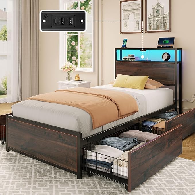 Rolanstar Twin Bed Frame with 4 Storage Drawers &amp 2-Tier Storage Headboard Metal Platform Bed Frame with Charging Station &amp LED Lights Noise-Free No Box Spring Needed Easy Assembly Espres