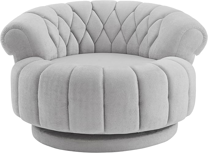 360° Swivel Accent Chair Chenille Fabric Barrel Swivel Chair Round Club Chair with Curved Armrests &amp Thick Cushioning Stylish Channel-Tufted &amp Diamond-Quilted Backrest for Living Room (Gray