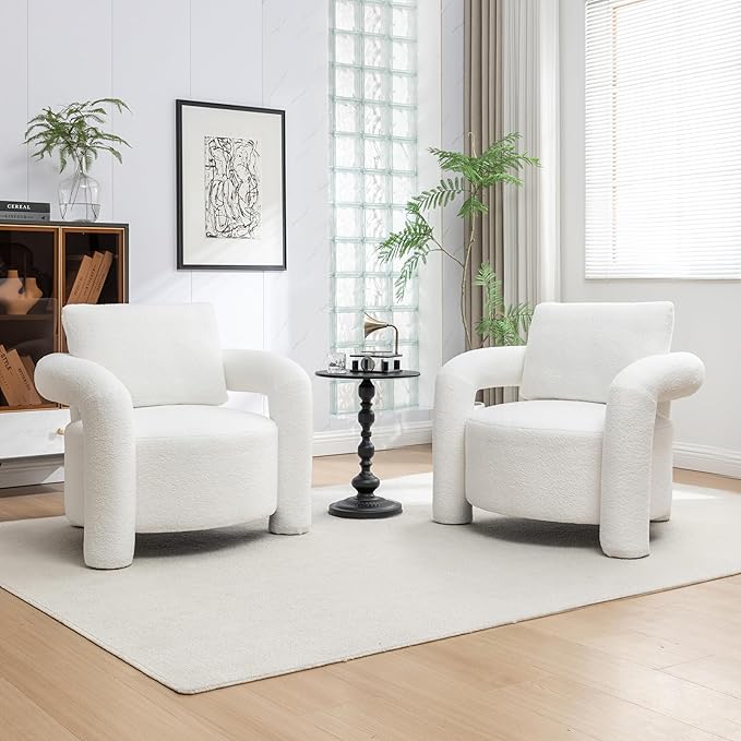 Modern Sherpa Boucle Accent ChairTeddy Upholstered ArmchairVanity Chair Single SofaCozy Fluffy Reading Chair for Living RoomVanityOfficeBedroomCorner(White)