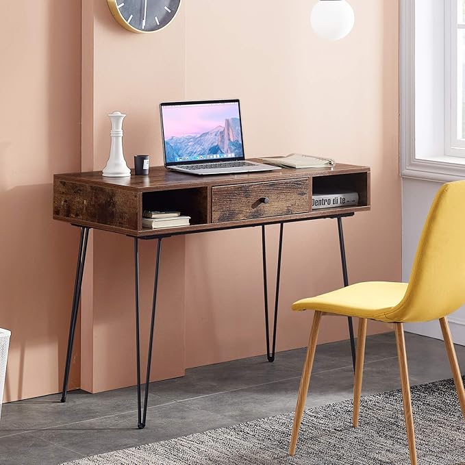 VECELO 39.3 Home Office Work Table with DrawersComputer Desk with Hairpin Leg for Writing/StudyRetro Brown