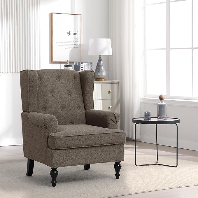 Accent Chair for Living Room Mid Century Modern Upholstered Armchair Wingback Chair with Tufted High Back and Solid Legs Comfy Side Chairs Single Sofa for Bedroom Brown