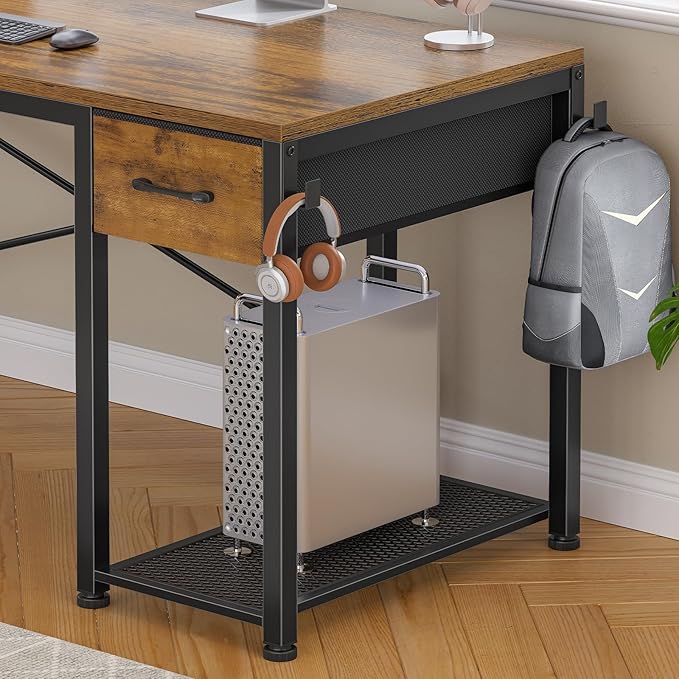 SEDETA L Shaped Gaming Desk 51.2 Reversible Small Corner Desk with Drawer Power Outlet &amp LED Lights Computer Desk with Storage Shelves for Small Space Rustic Brown