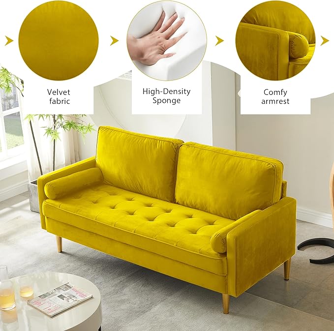 Velvet Loveseat Sofa 66.9'' Mid Century Modern Small Love Seats with 2 Pillows &amp Golden Legs Comfy Couch for Living Room Upholstered 2 Seater Sofa for Small Apartment (Yellow)
