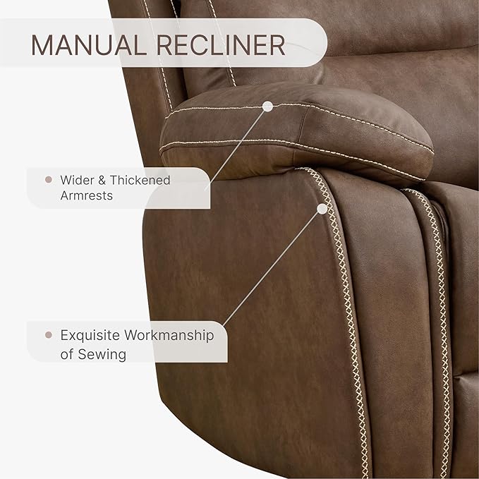 Leather Recliner Chair Manual Sofa Rocker for Adults with Overstuffed Arm for Living Room Bedroom Home Theater Seating