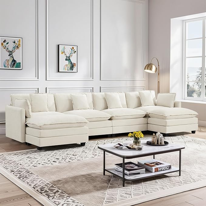 4-Seater Cloud Couch with 2 Ottomans Extra-Large Modular Sectional U Shaped Sofa with Deep Seat Cushions Chenille Couch for Living Room Beige