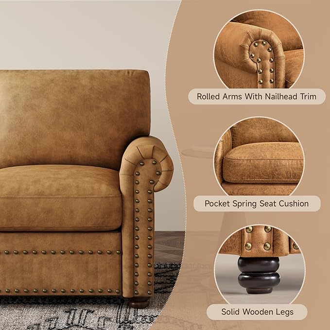 ONBRILL Faux Leather Sofa 84 Inches Nailhead Trim Couch for Living Room Mid-Century Modern Deep Seat Sofa with Rolled Arms Classic 3 Seater Couch for Apartment Office Caramel