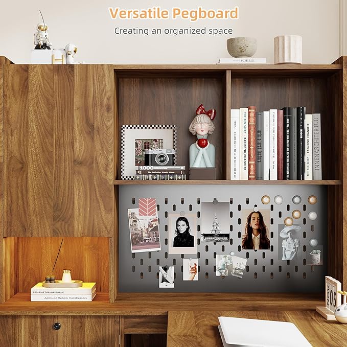 L Shaped Desk with Hutch and 4 Drawers Computer Desk with USB Ports Power Outlets &amp LED Light Wood Corner Computer Desks with Storage Shelves for Home Office Brown Right Long