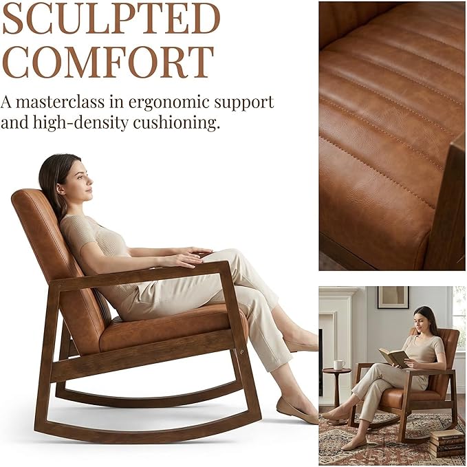 VESCASA Upholstered Faux Leather Rocking Chairs with Channel-Tufted Back Mid-Century Modern Comfy Rockers with Black Walnut Wood Frame for Nursery Living Bedroom Indoor Set of 2 Burnt Orange
