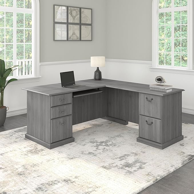 Bush Home Saratoga L Shaped Computer Desk with Drawers and Storage in Modern Gray | Large Corner Office Table for Workspace