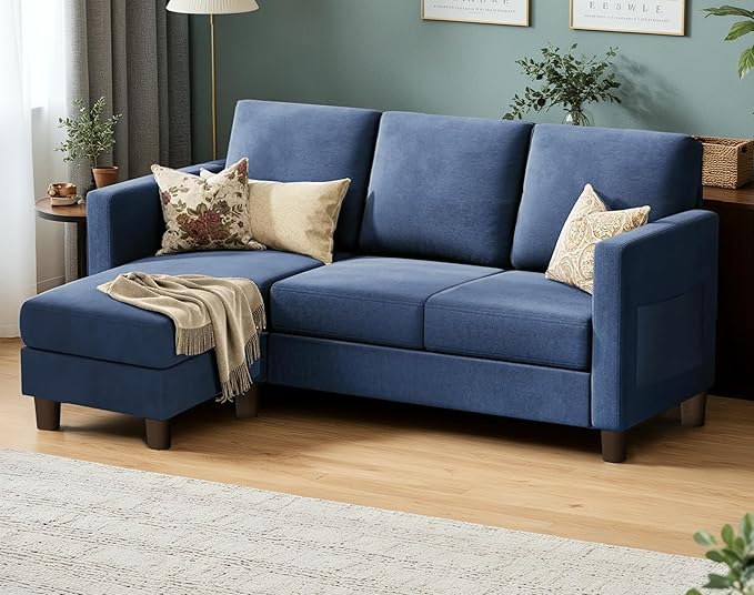 VICTONE Convertible Sectional Sofa Couch 3 Seat L-Shaped Sofa with Linen Fabric Ottoman Small Couch for Small Apartments Living Room and Office (Linen Fabric Blue)