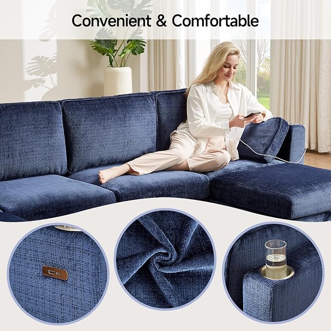 ONBRILL 110 U-Shaped Modular Sectional Sofa Convertible Sleeper Sofa Couch Bed with Adjustable Backrest Chenille Couch with Movable Ottoman Couches for Living RoomBedroom and ApartmentBlue