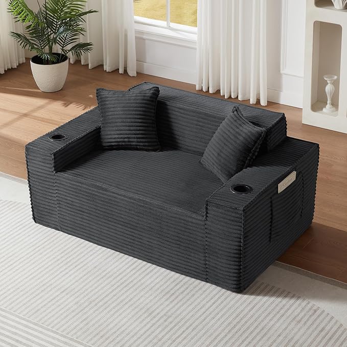 Cloud Loveseat Sofa Small Couch Boneless Couch with Cup Holders &amp Side Pocket Comfy Foam Bean Bag Sofa Chair Modern Fluffy Couches for Living Room Bedroom Small Space No Assembly(Grey 61.02