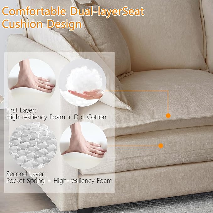 111.5 Chenille Modular Sectional Sofa Comfy Cloud Couch Sectional Sofa Modern 3 Seat Couch Deep Seat Sofa for Living Room Bedroom Apartment (Light Coffee 111.5Inch-U Shape)