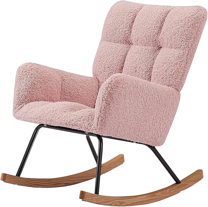 Modern Rocking Chair with High Backrest Armrests Ergonomic Design Lounge Recliner Chair for Living Room Bedroom Playroom Pink Without Soft Seat