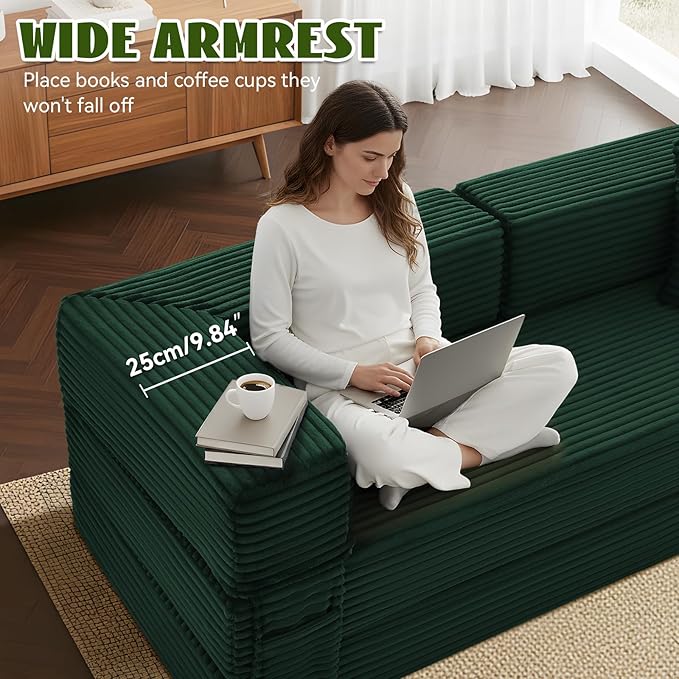 5-in-1 Folding Convertible Sofa Bed 78 Inch Corduroy Boneless Couch Loveseat Sleeper with Pull Out Bed Floor Sofa Modular Futon Couch for Living Room Small Place No Assembly Deep Green