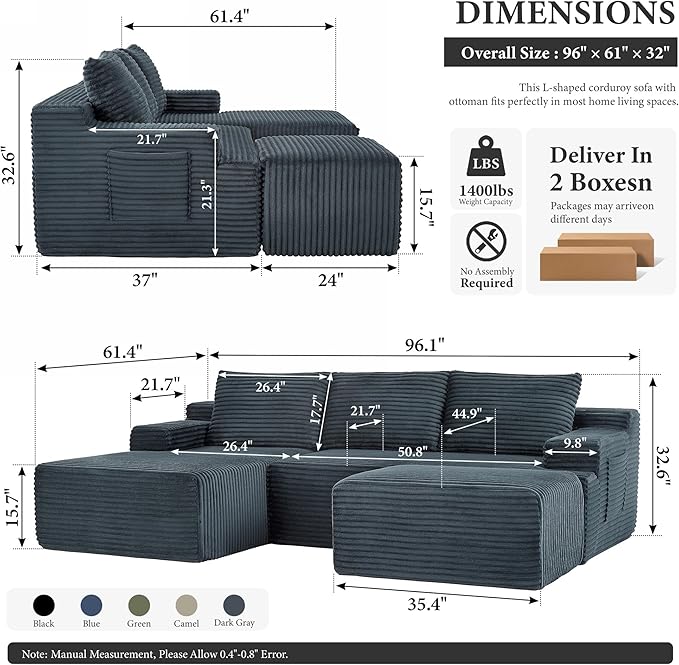 96''Sectional Couches for Living RoomModern Modular Sectional SofaUpholstered Boneless Couch Comfy Cloud Couch with L Shaped Chaise (Dark Grey 96''W Left Facing Chaise+Ottoman)