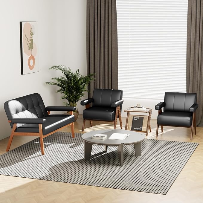 STHOUYN Black Leather Accent Chairs Mid Century Modern Chair Side Arm Chairs for Living Room Office Guest Waiting Room Chairs (1 Black)