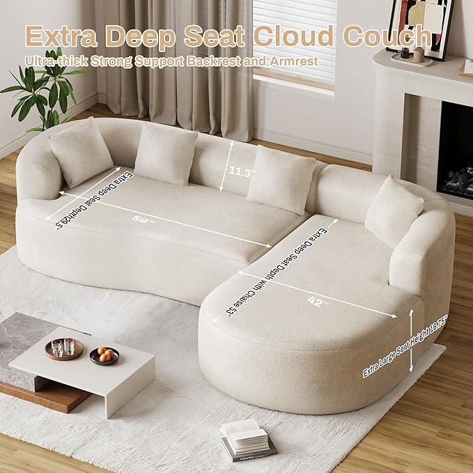 Oversized Sectional Sofa with Right Chaise for Living Room 111 Modern Curved L Shape Cloud Couch with Extra Deep Seat Modern Luxury Chenille 4 Seater No Assembly Required Beige White
