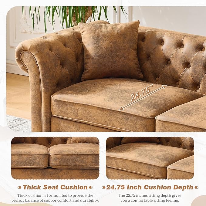 Modern Couch and Loveseat Sets Luxury Faux Leather Chesterfield Living Room Sofa Set Comfy Upholstered Deep Seat Sofa Furniture Set w/ Roll Armrest &amp Tufted Button for Office Juego De Sala Brow