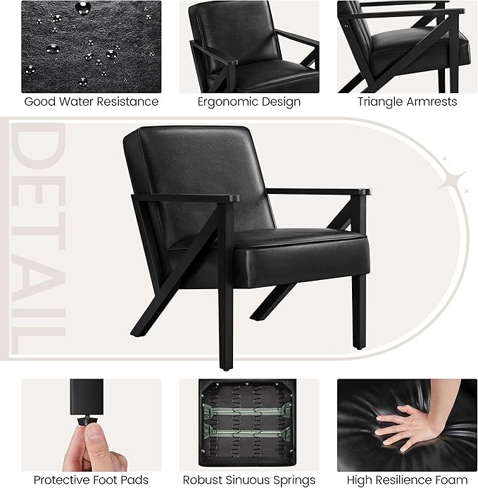 Yaheetech Accent Chair PU Leather Reading Chair Mid Century Modern Arm Chair with Solid Wood Frame for Living Room Bedroom Waiting Room 2 Pieces Black