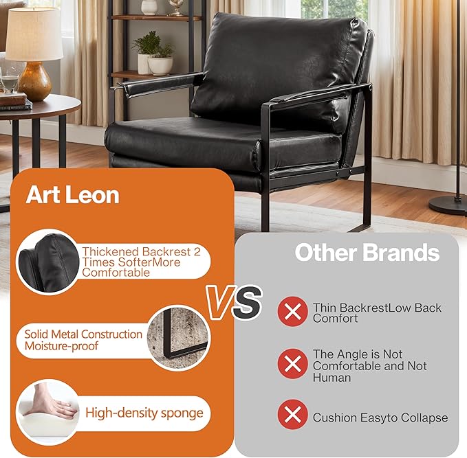 Art Leon Mid Century Modern Accent Chair Faux Leather Armchair with Black Metal Legs Single Lounge Side Chair for Living Room Bedroom Small Spaces Black