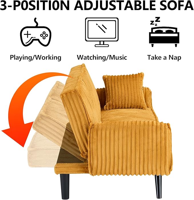 72” Corduroy Futon Sofa Bed with Pillows Modern Convertible Futon Couch with 2 Cup Holders&amp Metal Legs for Small Spaces Living Room Solid Wood Frame (Orange)