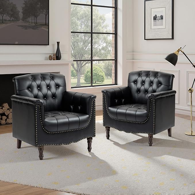 Faux Leather Accent Chair PU Leather Modern Comfy Upholstered Armchair with Wood Legs &amp Nailhead Trim for Living Room Bedroom (BlackSet of 2)