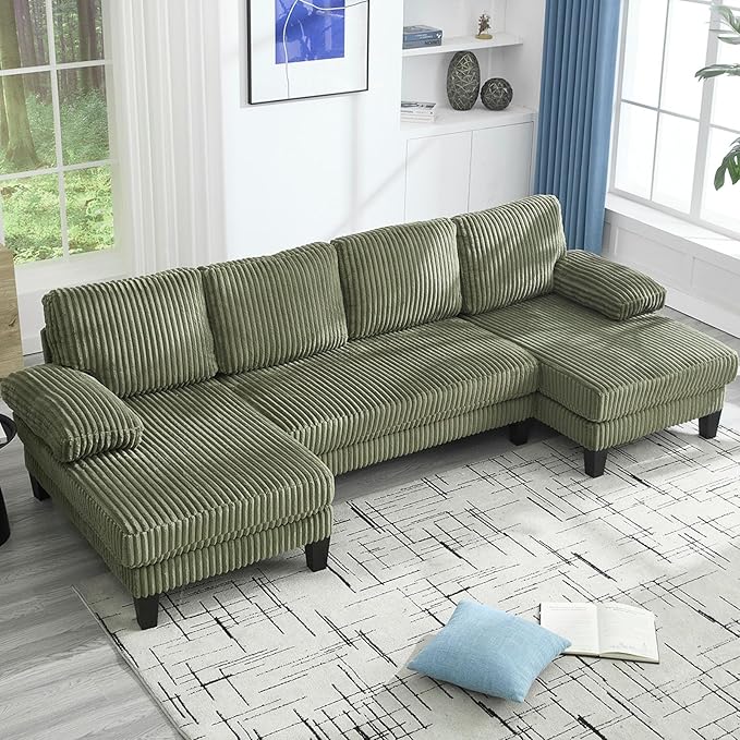 114.2” W Corduroy Sectional Sofa for Living Room U-Shaped Couch with Double Chaises and Comfortable Backrest Modern 4-Seater Deep Cloud Sofa for Small Spaces(Green)