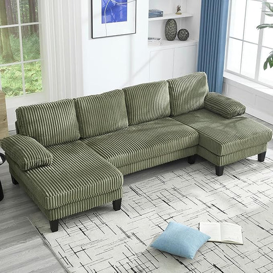 114.2” W Corduroy Sectional Sofa for Living Room U-Shaped Couch with Double Chaises and Comfortable Backrest Modern 4-Seater Deep Cloud Sofa for Small Spaces(Green)