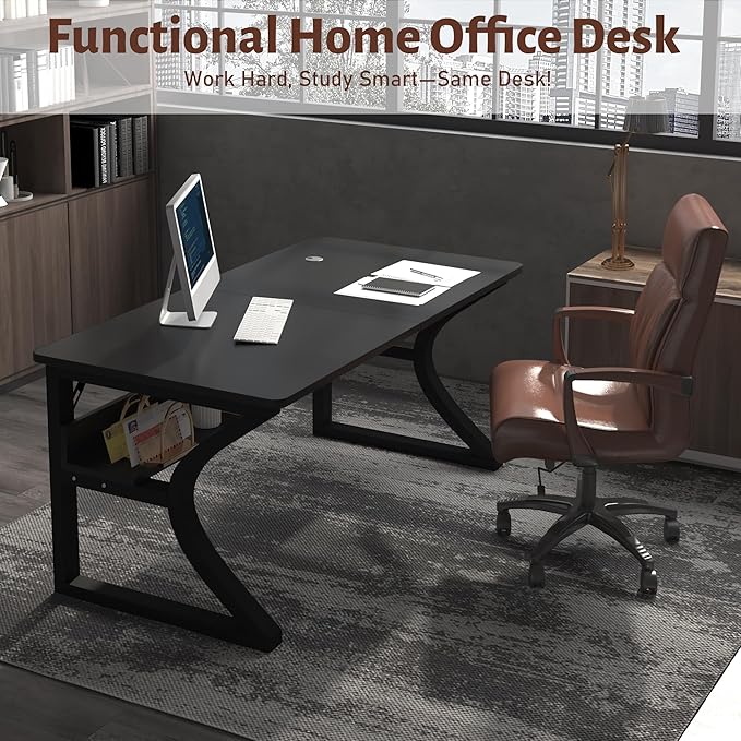 Computer Desk 47 x 23.6 Inch Home Office Desk Large Modern Computer Desks with Storage Shelf Metal Frame Work Study Writing Office Desk with Cable Hole Wide Desk for PC &amp Monitors (Black 47)