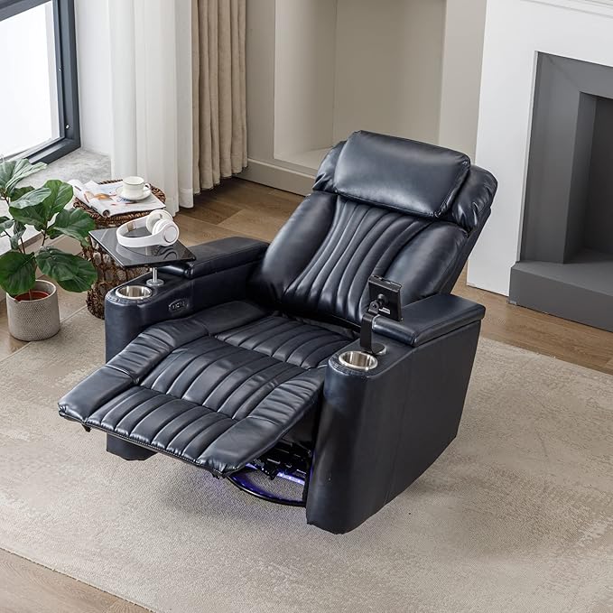 270° Power Swivel Recliner Home Theater Seating With Hidden Arm Storage and LED Light Strip Cup Holder 360° Swivel Tray Table and Cell Phone Holder Soft Living Room Chair Blue