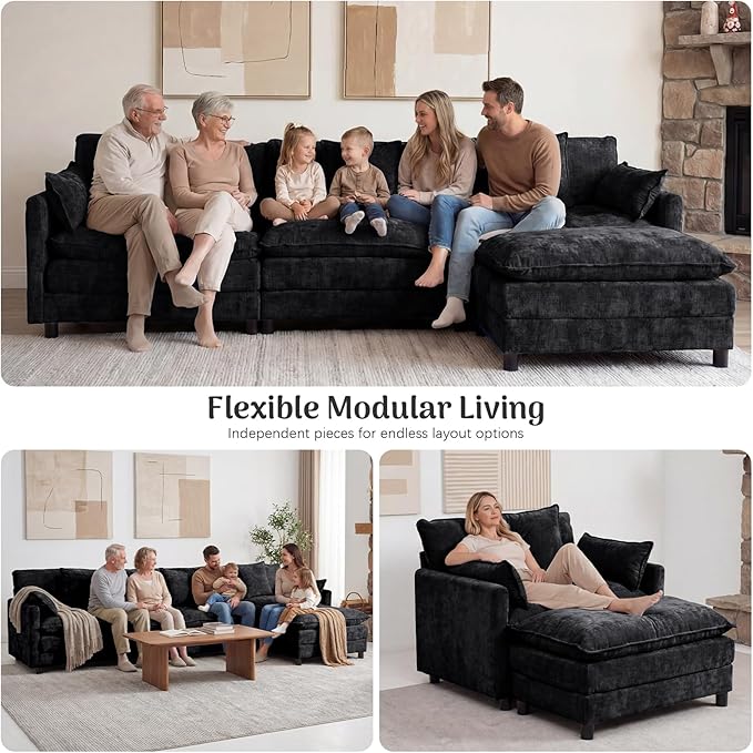Redlife Modular Single Seat Sofa with Ottoman Chenille Upholstered Accent Chair Spring-Embedded 30D Foam Cushion Removable Covers Solid Wood Frame Easy Assembly Lounge Chair Black