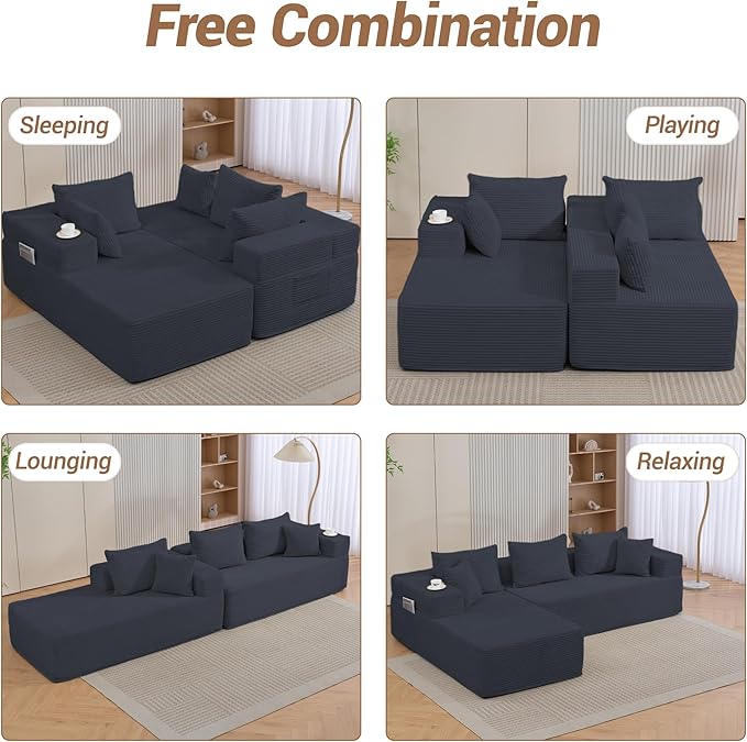 105'' Cloud Sectional Couch Modular L-Shaped Boneless Sectional Sofa Corduroy Deep Seat Couch Small Space Sofas for Living Room Bedroom Apartment No Assembly Black | Breathable material