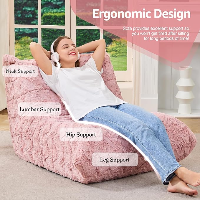 Bean Bag Chairs for Adults Giant Bean Bag Chair Memory Foam BeanBag Chair Bean Bag Sofa with Filler Faux Fur Fireside Beanbags Lazy Sofa for Living Room Bedroom Office (Pink Chevron Single)