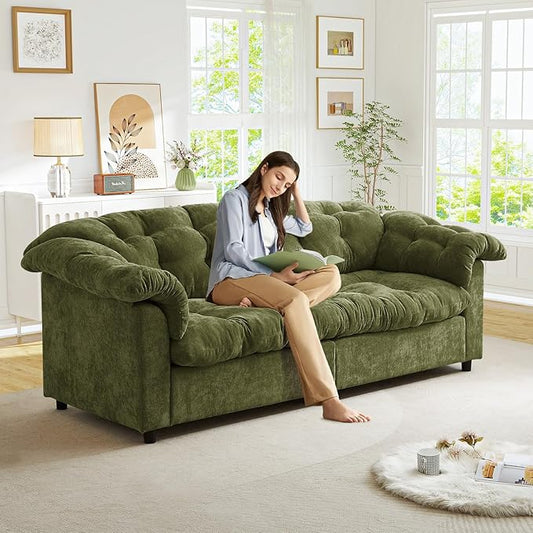 Modern Sofa Couch 94.8 W Chenille Tufted Fluffy Comfy Cloud Couch with Tutfted Design &amp Armrest Pillowchenilles Upholstered Oversized Loveseat Sofa for Living Room Bedroom Office Green