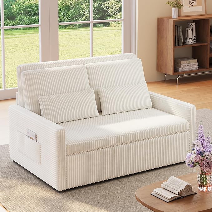 Ahomly Convertible Loveseat Sleeper Sofa Bed 3 in 1 Pull Out Couch Bed with 77.2'' Sleeper Length Corduroy Sofa with 8.7'' Ground Clearance for Living Room Bedroom Beige
