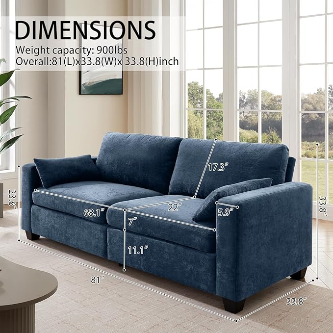 Modern Loveseat Sofa for Living Room Removable Cover Spring Cushions Solid Wood Frame Wide Armrest Chenille Fabric Recliner Couches for Small Space (Blue Chenille 81 inch)