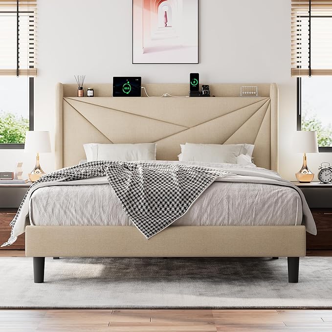 Full Size Upholstered Bed Frame with Charging Station Platform Bed Frame with Storage Headboard Solid Wood Slats Support No Box Spring Needed Beige