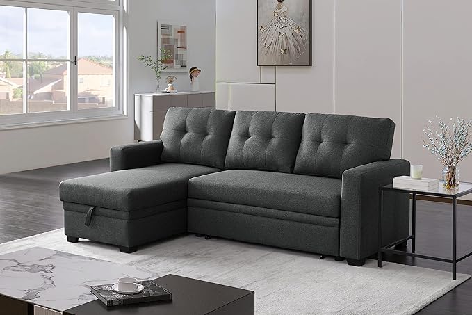 ACQCA 82 L Shaped Sleeper Sofa Pull Out Couch Bed with Storage Chaise and 3 Tufted Back Cushion for Living RoomApartmentOfficeDark Gray