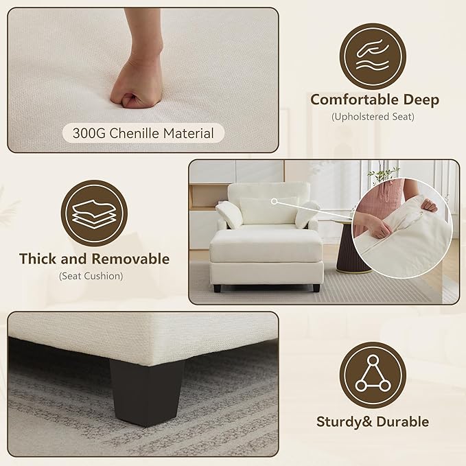 57.5 Oversized Chaise Lounge with Ottoman Indoor White Reading Chair with Ottoman &amp Sofa Bed Chenille Upholstered Comfy Sleeper Chair for Living Room Bedroom Office