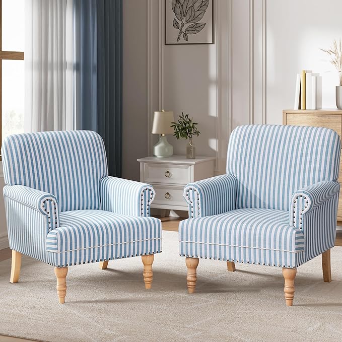 HUIMO Linen Fabric Accent Chairs Set of 2 Mid-Century Modern Armchair with Solid Wood Legs Single Sofa ChairUpholstered Reading Club Chair (2 Blue and White Stripe)