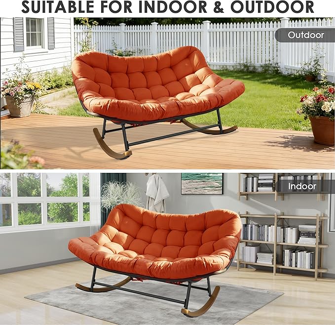 Double Papasan Rocking Chair Outdoor &amp Indoor Oversized Rocking Reclining Loveseat with Thick Cushion and Frame 660LBS Capacity Rocking Egg Chair for Porch Garden Living Room (Red)