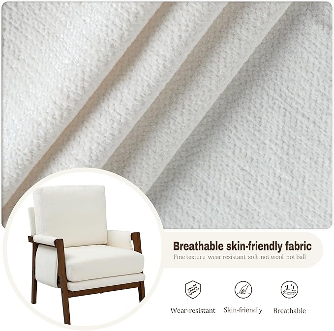 Accent Chairs for Living Room Set of 2 Modern Arm Chairs for Bedroom Wooden Upholstered Mid Century Accent Chairs Cream White