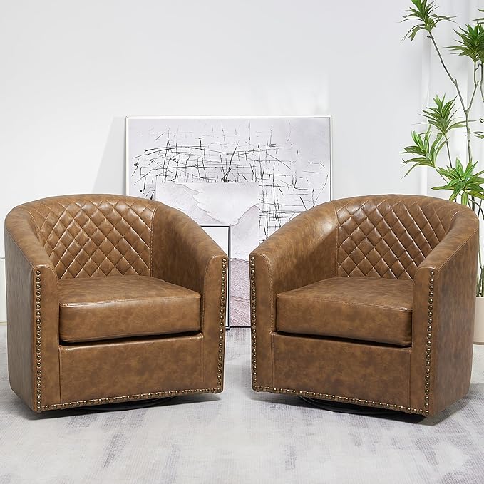KINWELL 29 Wide Tufted Faux Leather Swivel Barrel Chair Set of 2 PU Leather Modern Upholstered Accent Chairs with Nailhead Trim Small Armchair for Living Room Bedroom Coffee