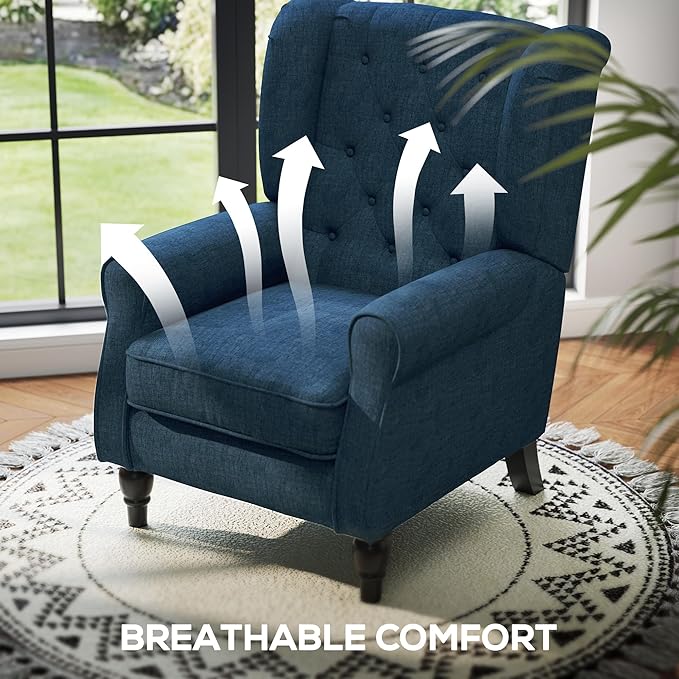 HOMCOM Mid-Century Modern Accent Chair High Wingback Reading Chair Button-Tufted Upholstered Fabric Armchair with Retro Wood Legs for Apartment Living Room Bedroom Blue