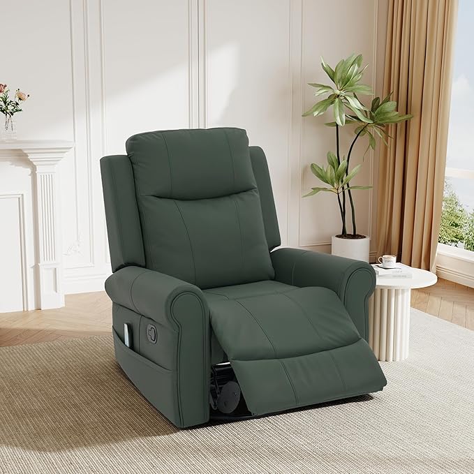 Christopher Knight Home Hayezi 270° Swivel Rocker Recliner Massage and Heating Chair PU Leather Living Room Manual Recliner with Dual Reclining Positions &amp Side Pocket for Nursery Bedroom Gree