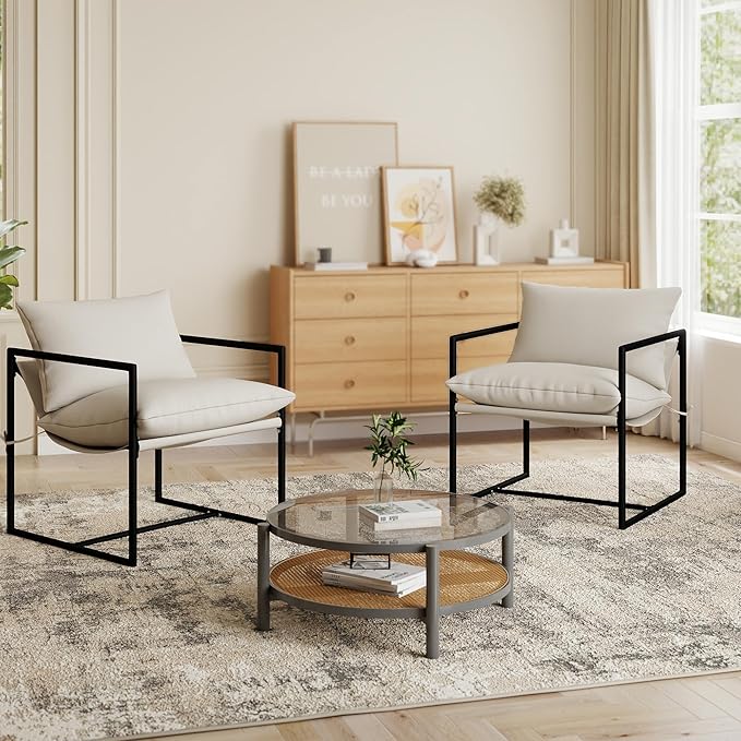 Kromax Sling Accent Chair Set of 2 Cozy Living Room Chairs Square Metal Frame Upholstered Soft Cushion Sponge 28 x28“x32 Easy Assembly Beige